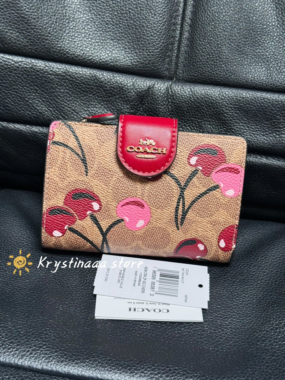Coach Medium Corner Zip Wallet In Signature Canvas With Cherry Print CZ342 NWT