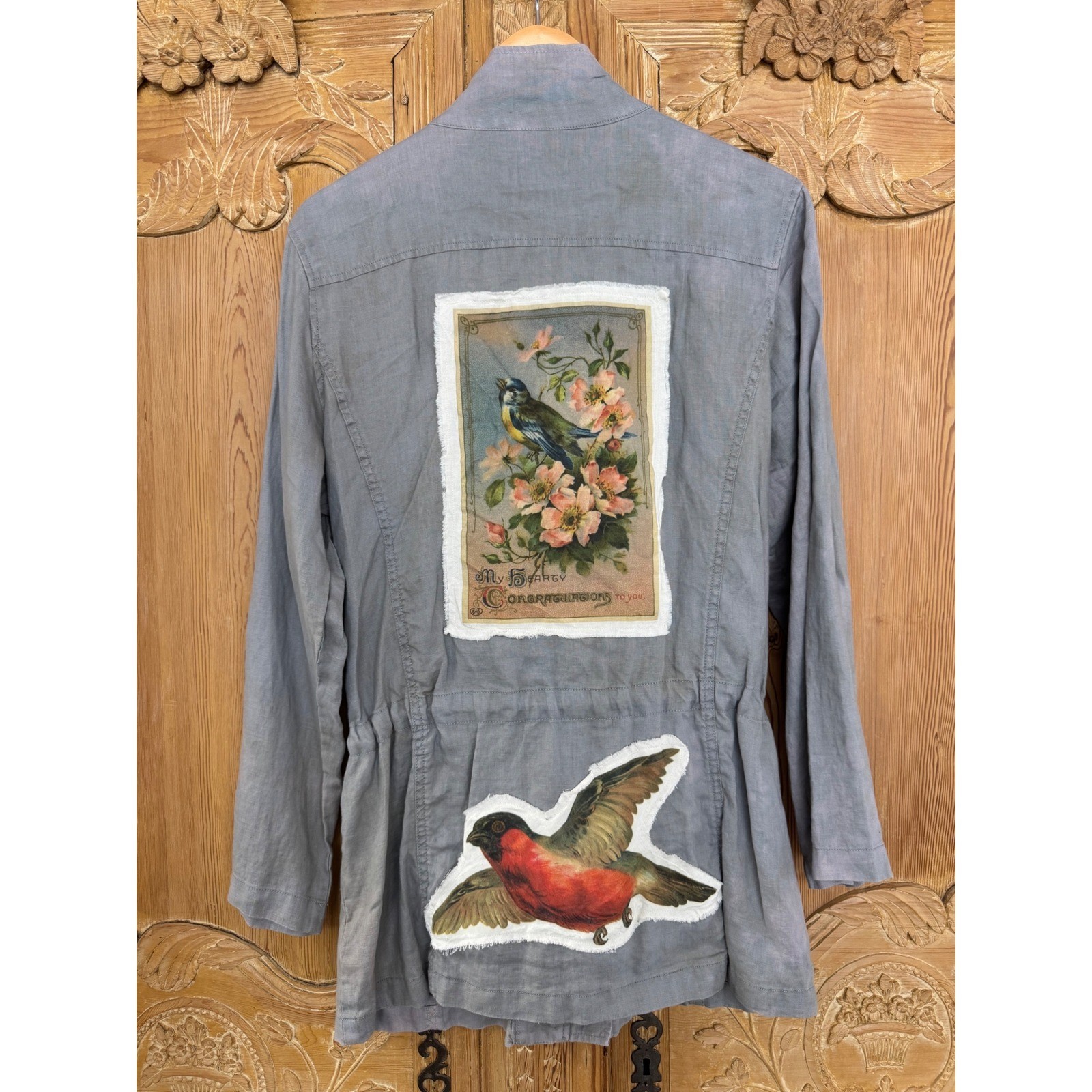 100% Linen Utility Jacket Size L – Drawstring Waist Bird Patch One of a Kind