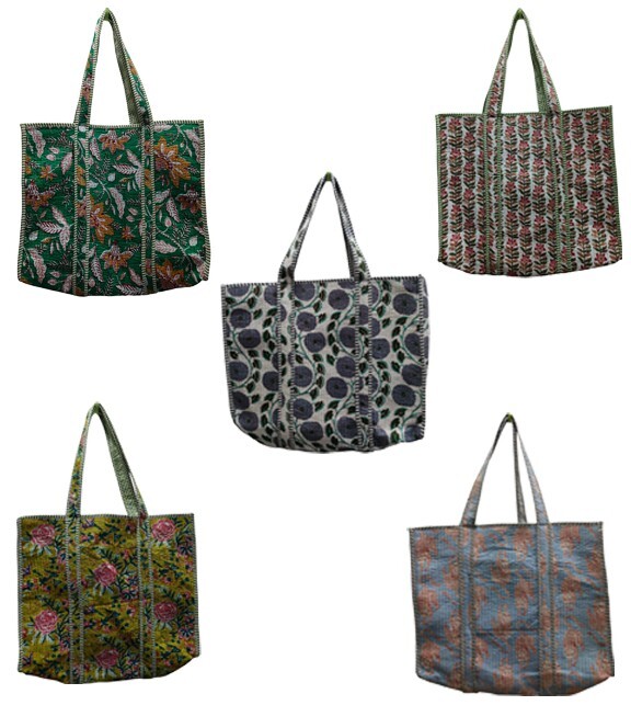 5 Pcs lot Indian Tote Bags Quilted Handmade Cotton Handle Shoulder Shopping Bag