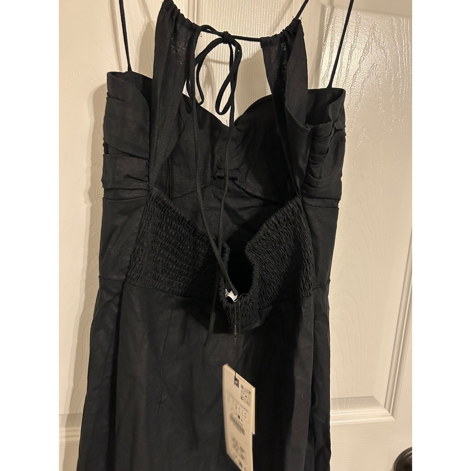 Zara Black Linen Blend Midi Dress Spaghetti Strap Cut Out Back NWT