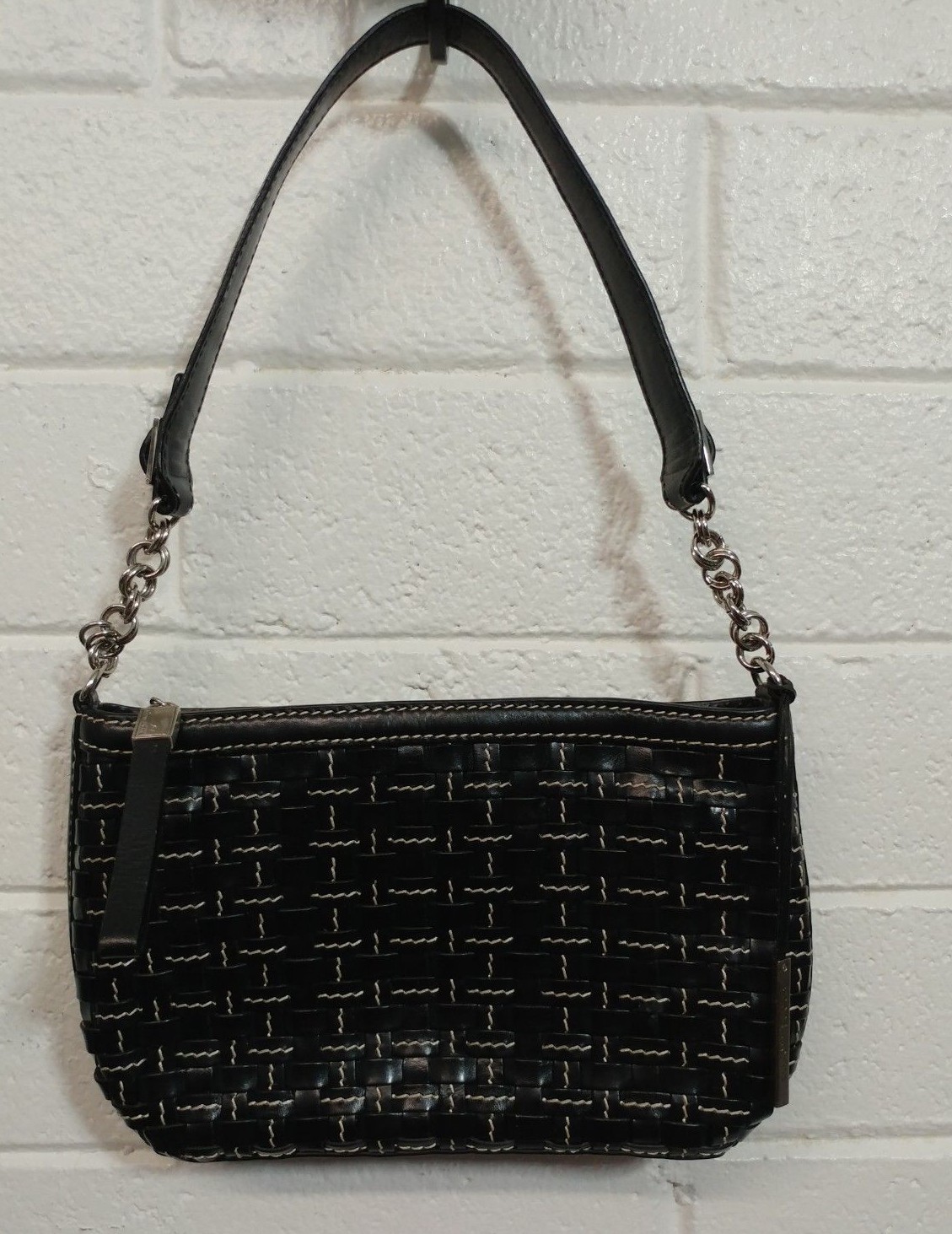 ELLIOTT LUCCA Woven BLACK LEATHER WHITE THREADED PURSE SHOULDER BAG Handbag