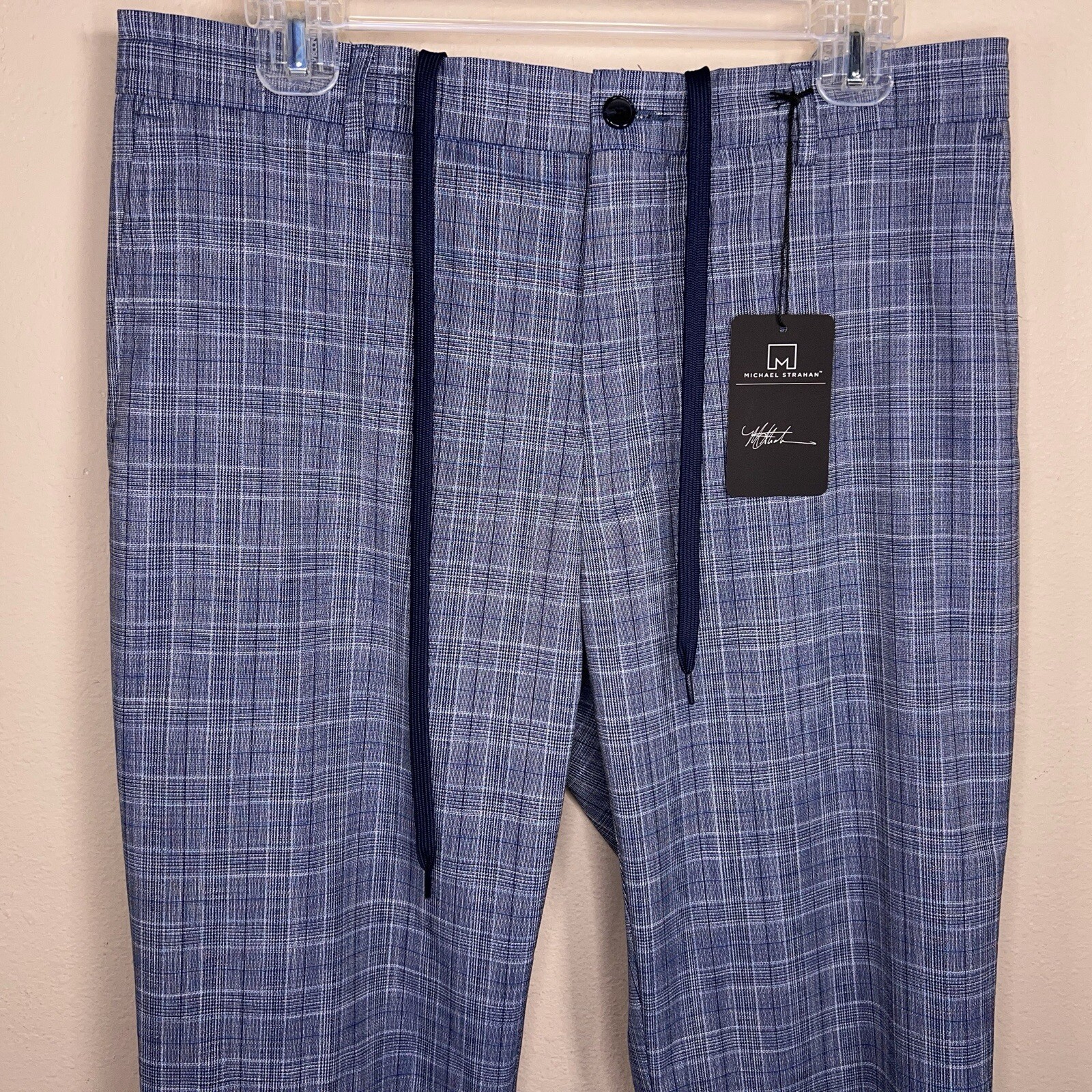 NEW 32×32 MICHAEL STRAHAN PANTS BLUE PLAID GOLF CASUAL DRAWSTRING