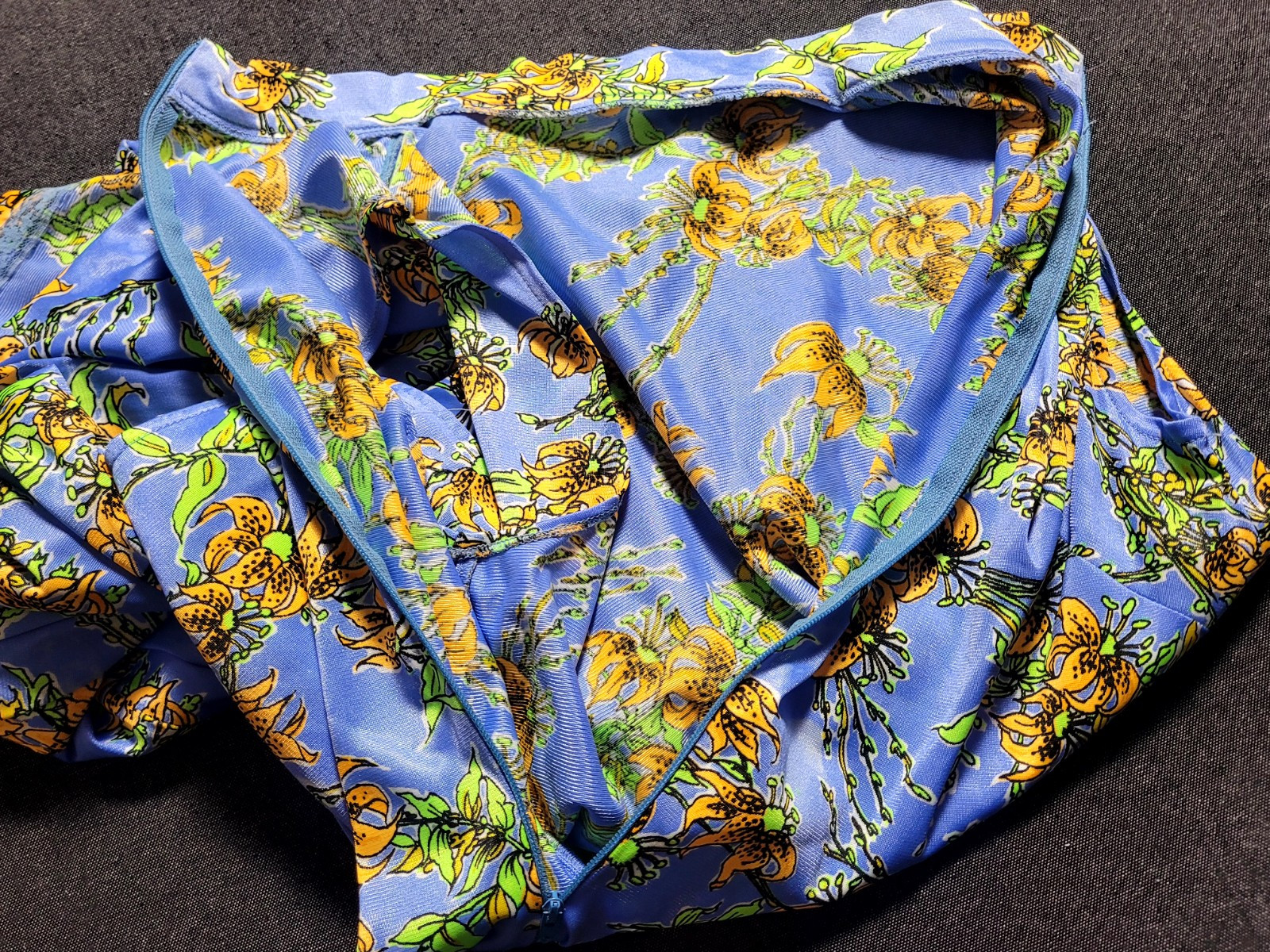 Vintage 60s 70s Blue Yellow Floral Maxi Leg Slits Sleeveless Size M Pocket Zip