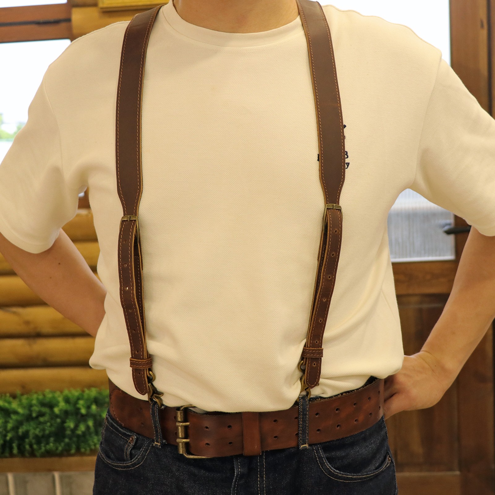 Tourbon Men’s Suspenders Y Back Adjustable Leather Y-Shaped 3 Hooks Pants Braces