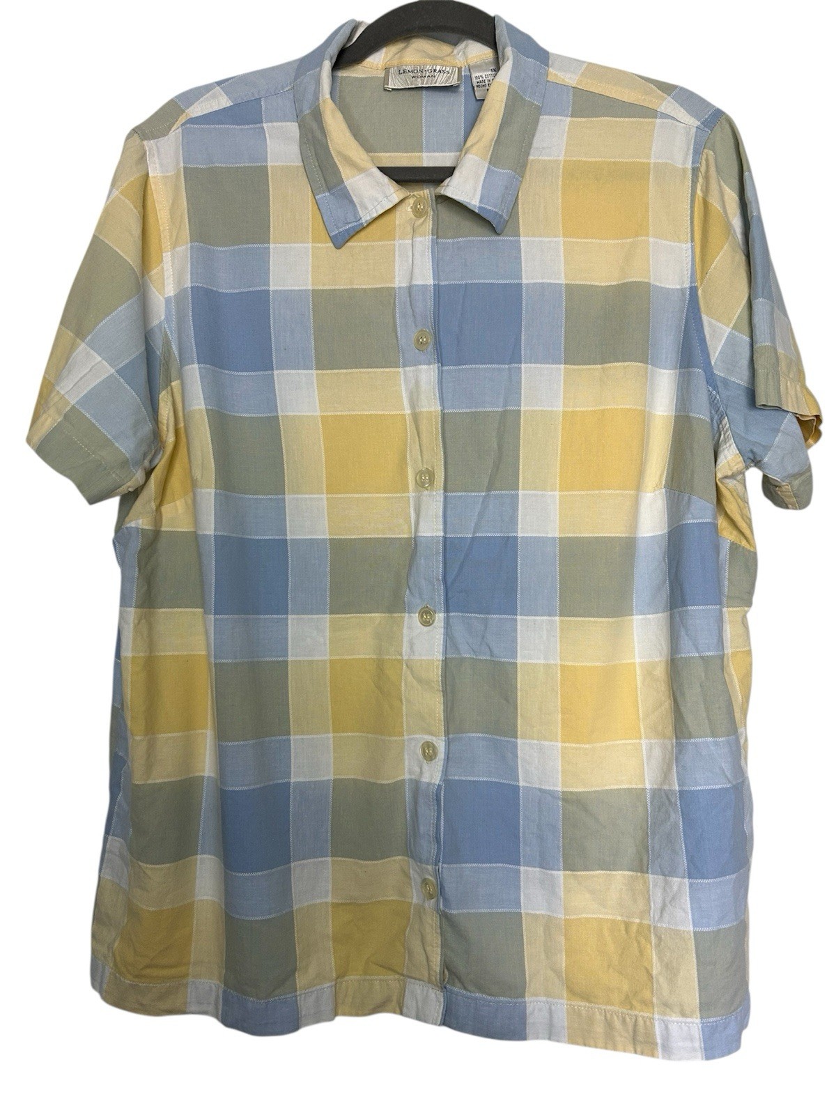 Lemon Grass Women’s Size 1X Yellow Blue Plaid Short Sleeve Button-Up Cotton