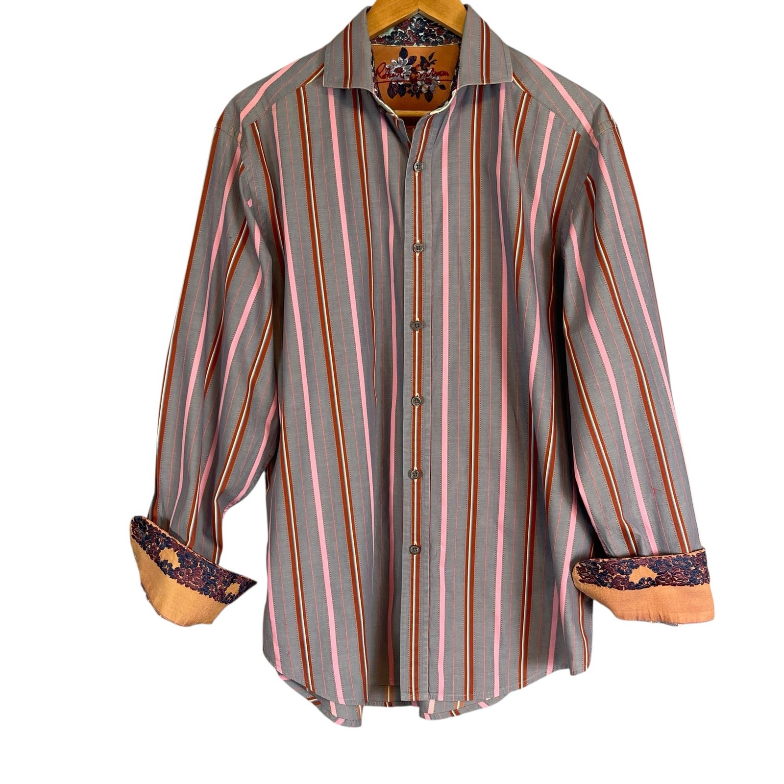 Robert Graham Silk Trimmed Striped Button Down Designer Cotton Shirt Men’s Large