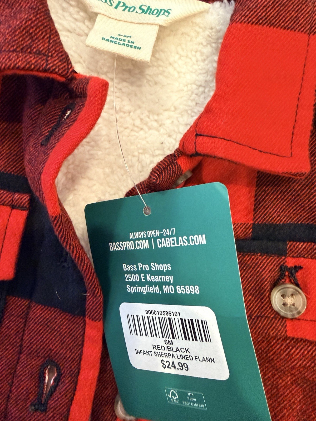 Bass Pro Shops Sherpa Lined Plaid Button-Up Jacket Red/Black, 3-6M