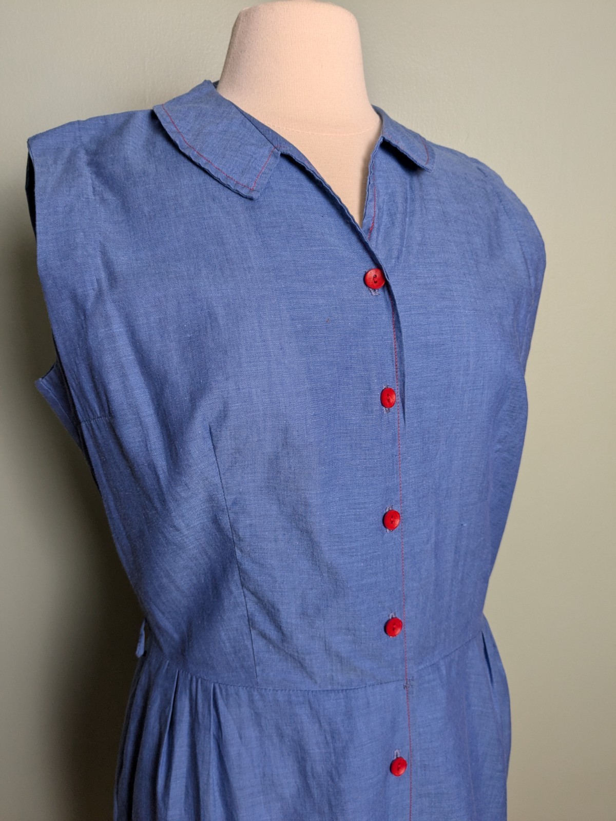 1960s Collared Blue Cotton Romper Red Buttons Shaker Square As Is