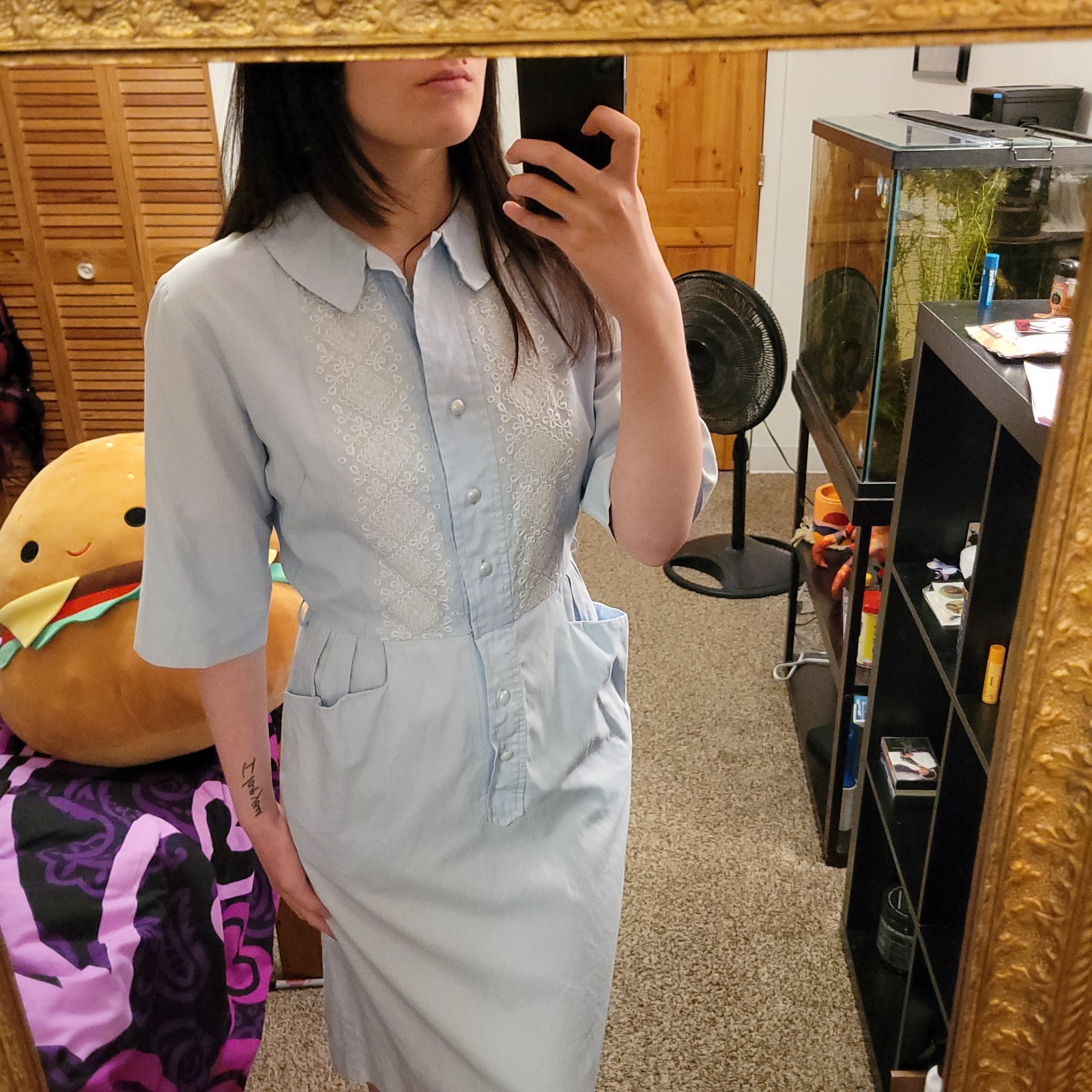 Vintage 40s/50s Light Pastel Blue Dress Collar Button Short Sleeve Knee Length