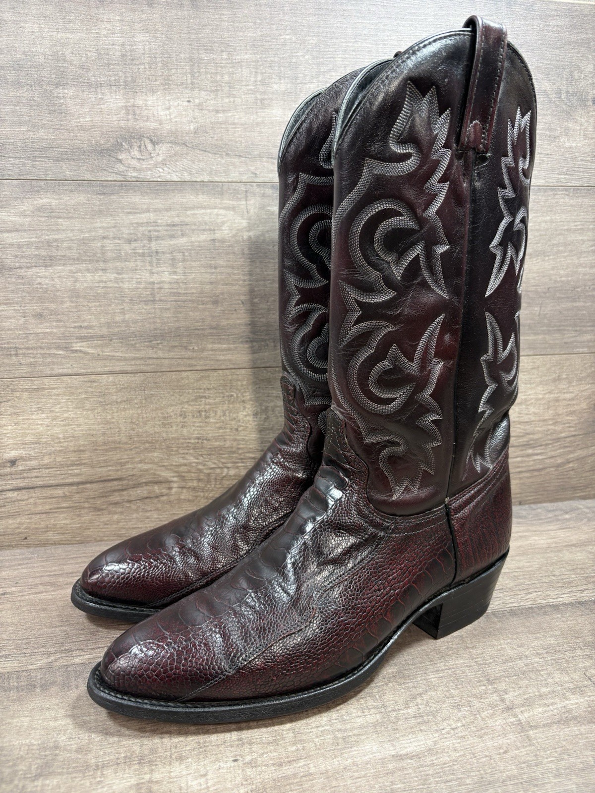 J Chisholm Genuine Ostrich Skin Cowboy Boots Burgundy Leather Mens Size 10.5 D