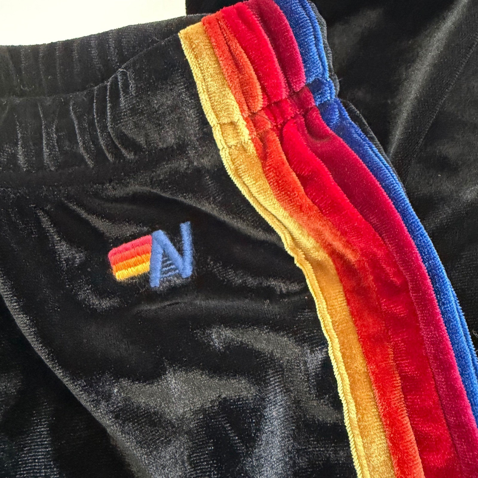 Aviator Nation Black Velvet Rainbow 5 Stripe Jogger Sweatpants Womens XS