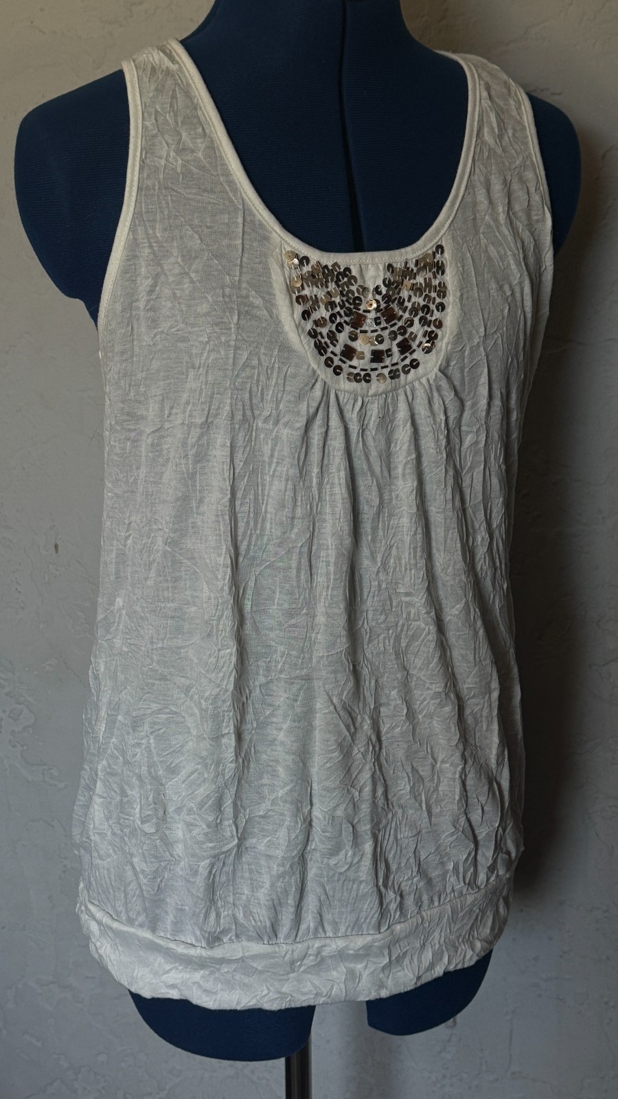 White Women’s XL tank top with beading at neckline by Belle du Jour