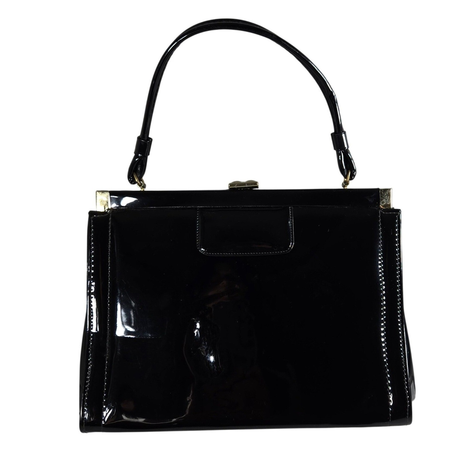 Vintage 50s Black Patent Leather Kelly Bag Structured Top Handle Frame Purse MCM