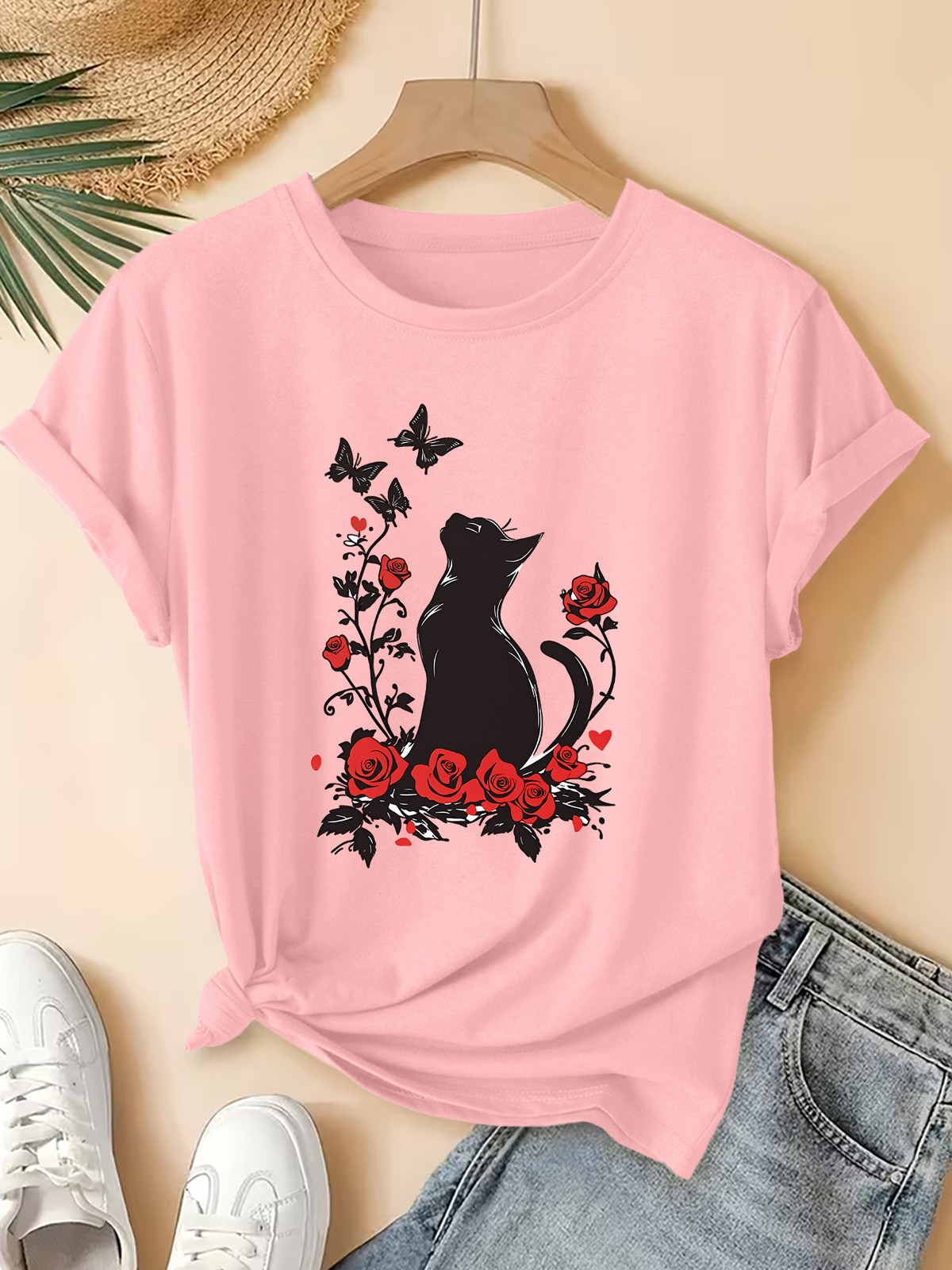 Summer Women’S Round Neck Short Sleeve T-Shirt Cat Butterfly Print Casual Top▧