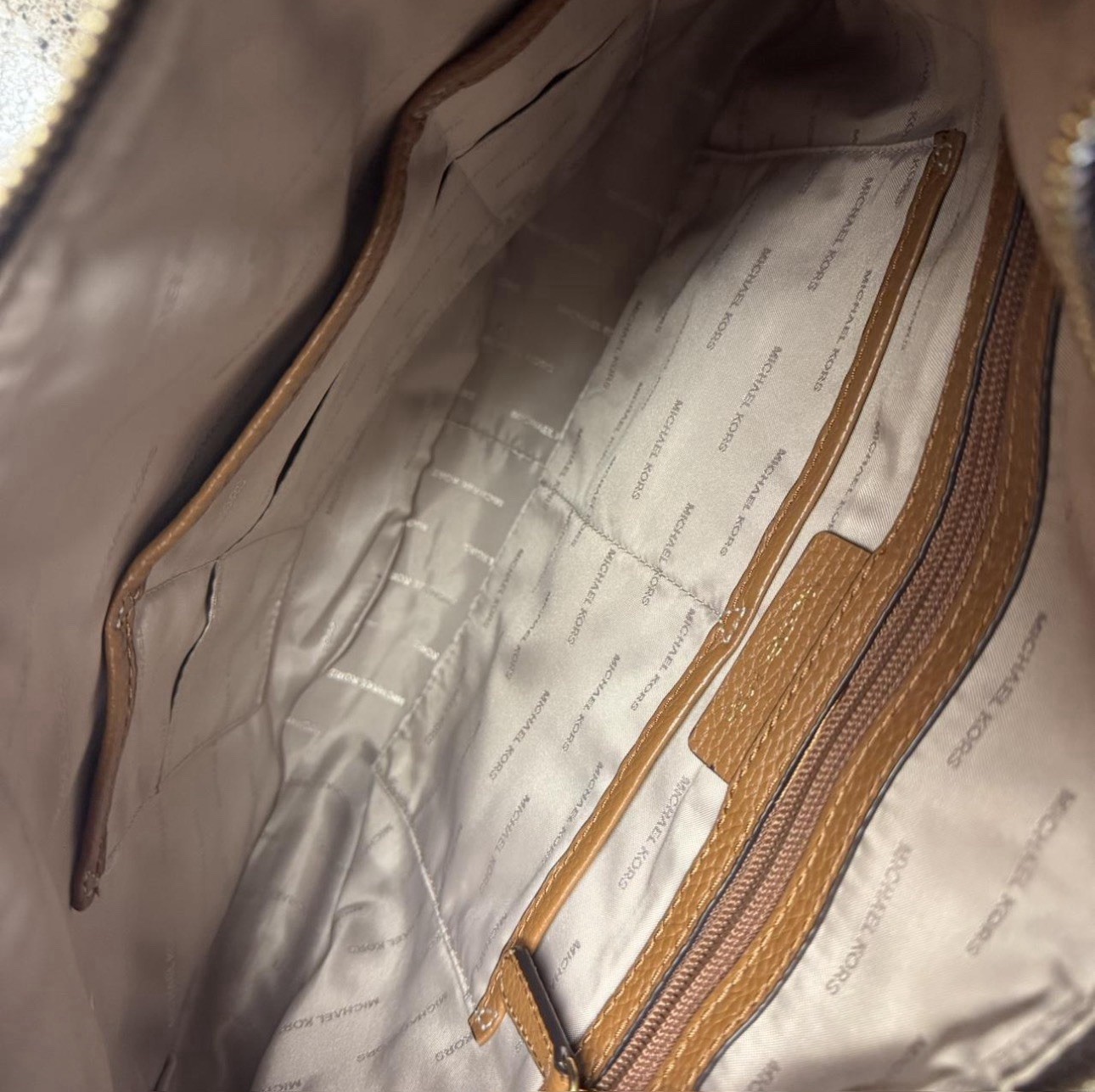 Michael Kors Brown Monogram Crescent Shoulder Bag Zip Top Charm Gold Hardware
