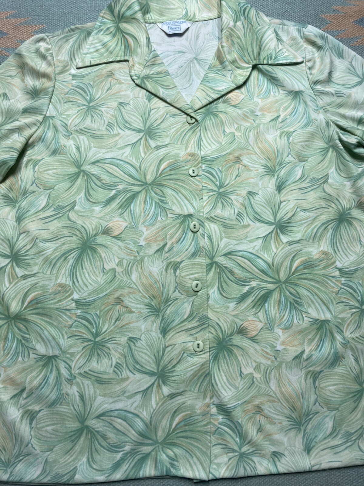 Vintage 70s button shirt blouse sears psychedelic all over print women’s size 20