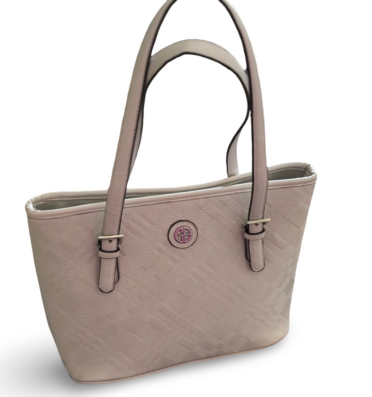 Giani Bernini Beige Embossed Logo Tote Bag, Zip, Double Handles, Pockets