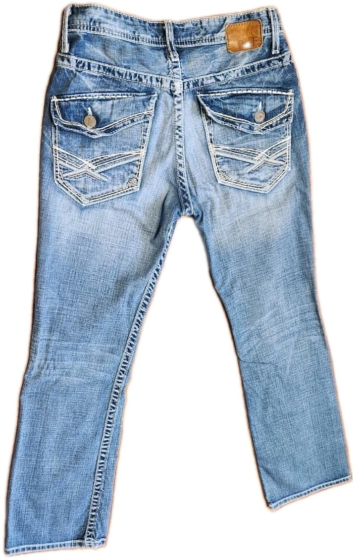 BKE Aiden Bootcut Jeans 30×31 Light Wash Thick Stitch Flap Pockets Denim Buckle