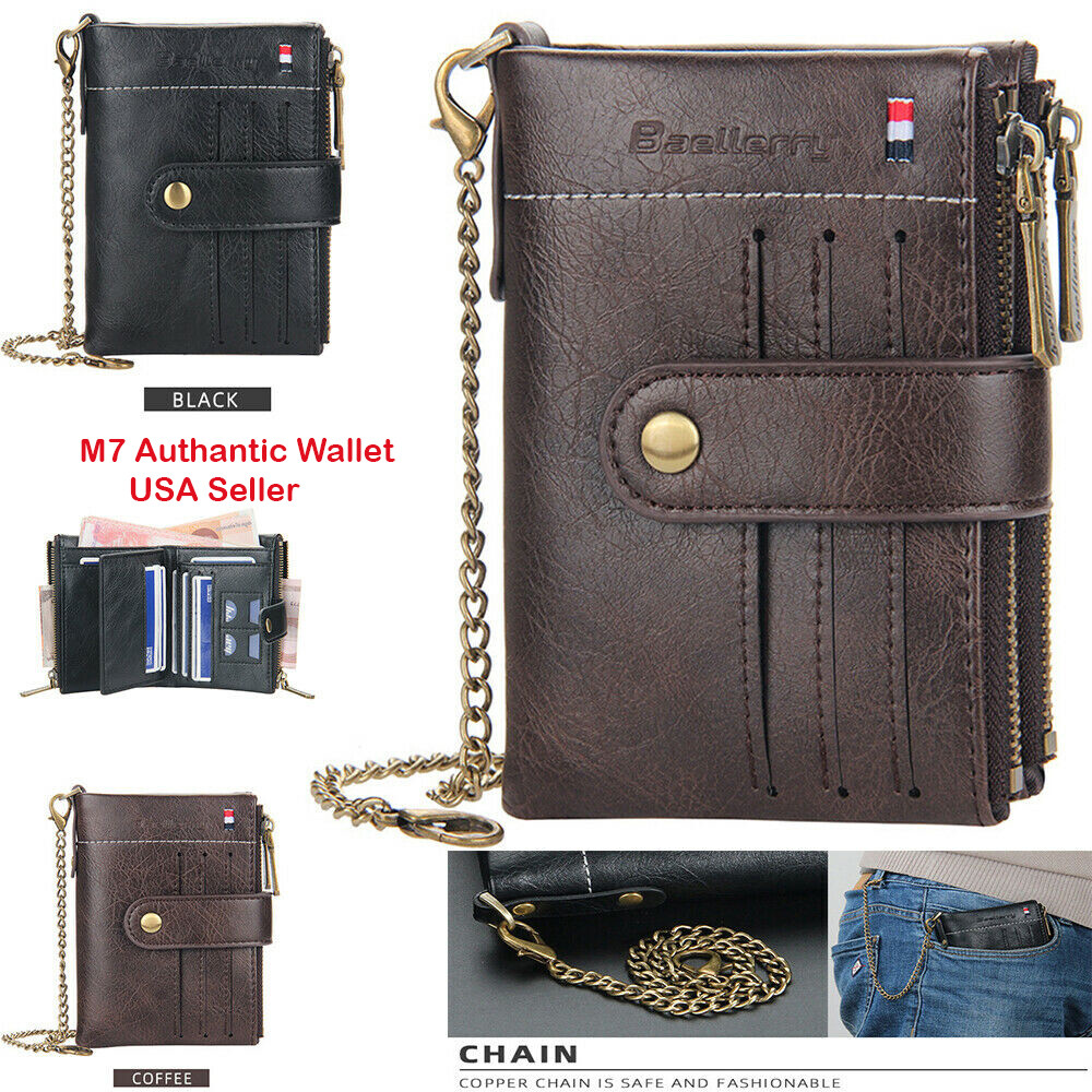 Men Men’s Leather Wallet Chain C1 Sim ID Credit Card Holder Double Zipper Coin