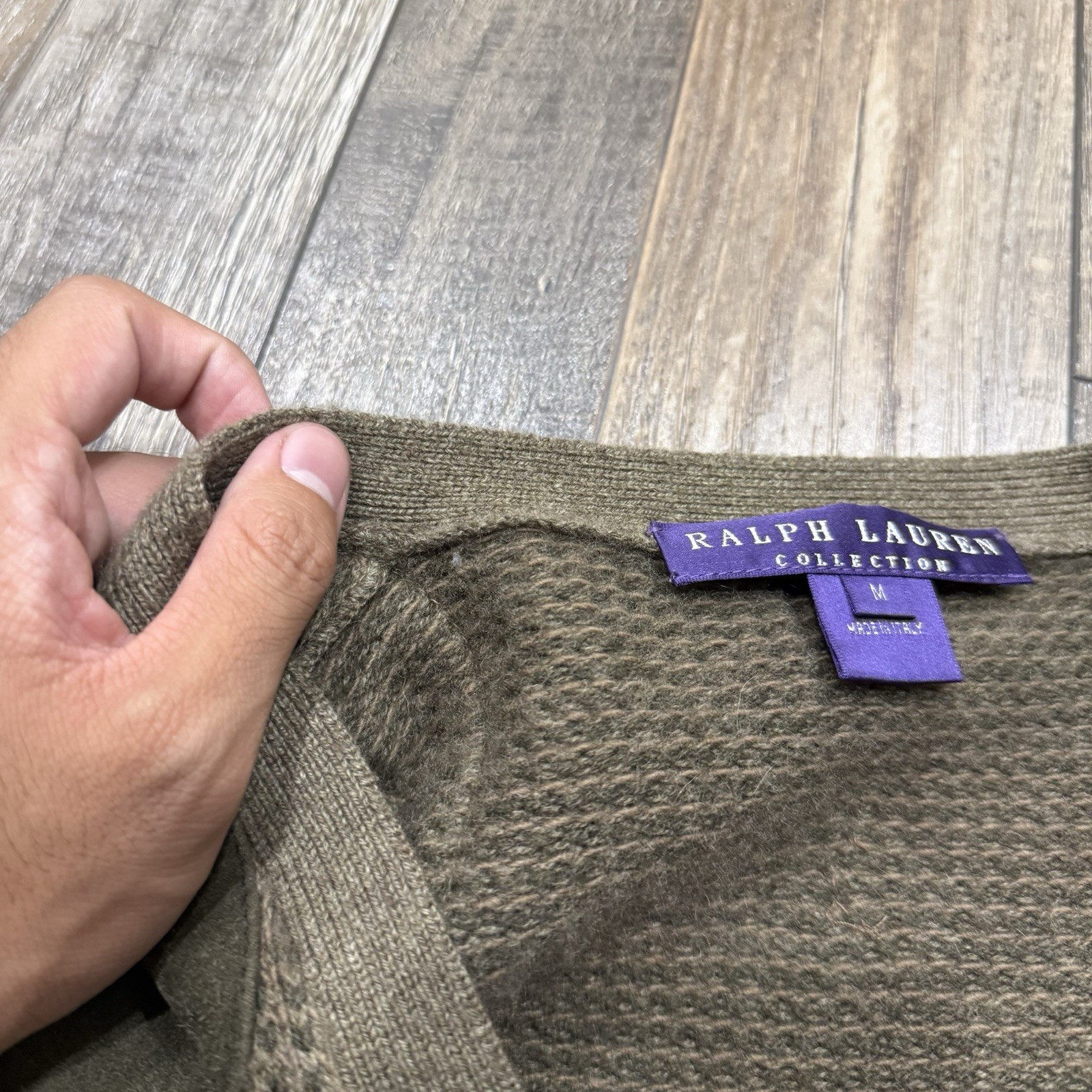 Polo Ralph Lauren Purple Label Olive Brown Textured Knit Suede Shoulder Cardigan