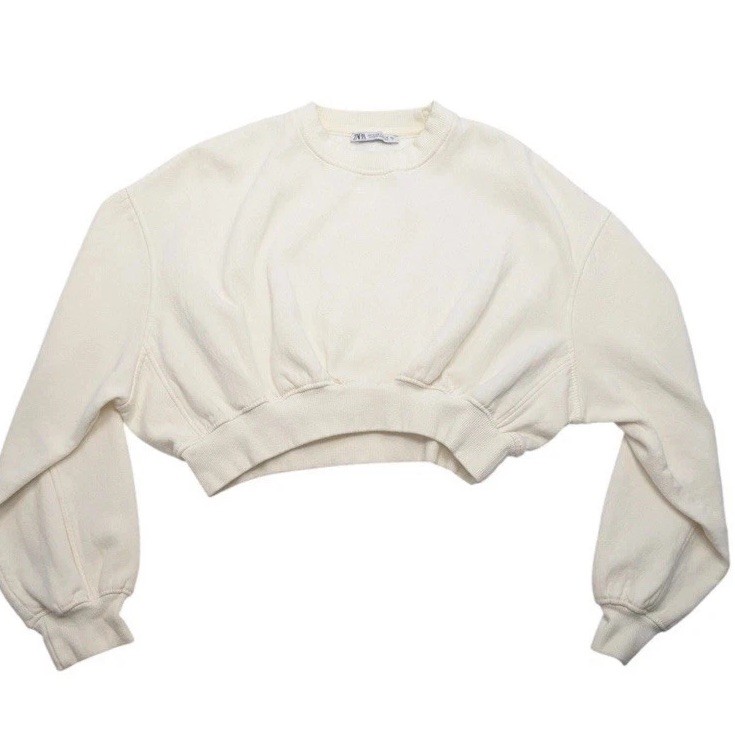 Zara Cream Cropped Fleece Lined Oversized Sweatshirt, Sz M