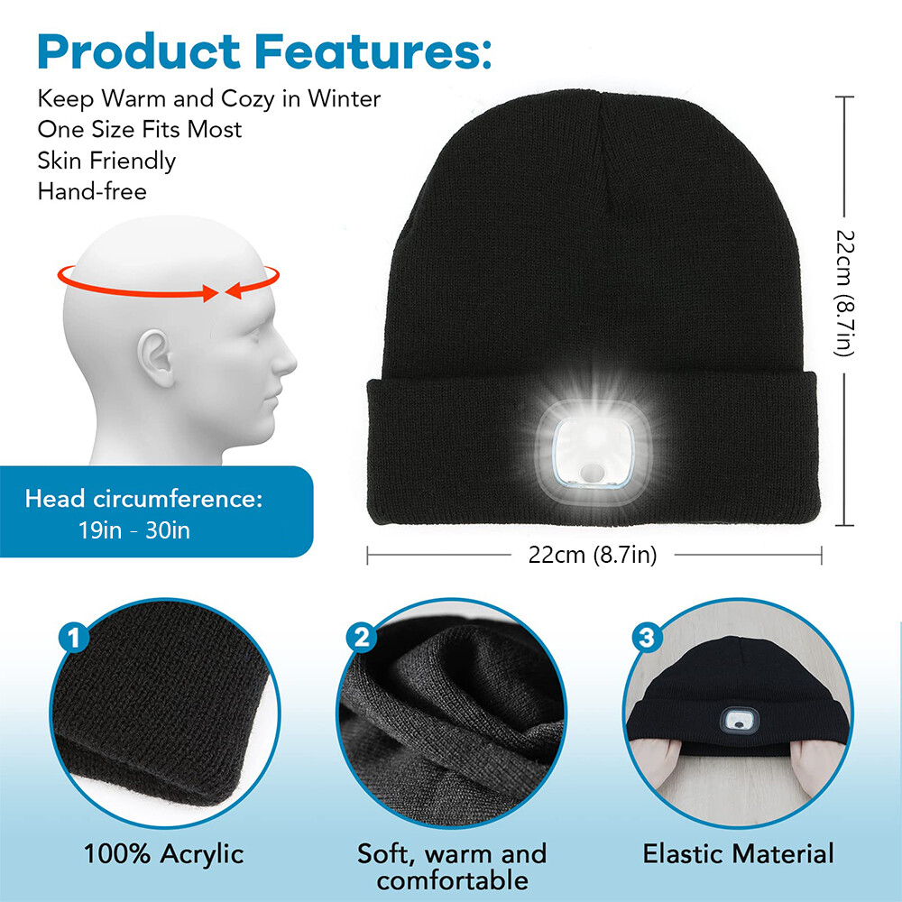 1-3x Unisex LED Beanie Hat with Light Headlamp Winter Warm Knitted Women Men Cap