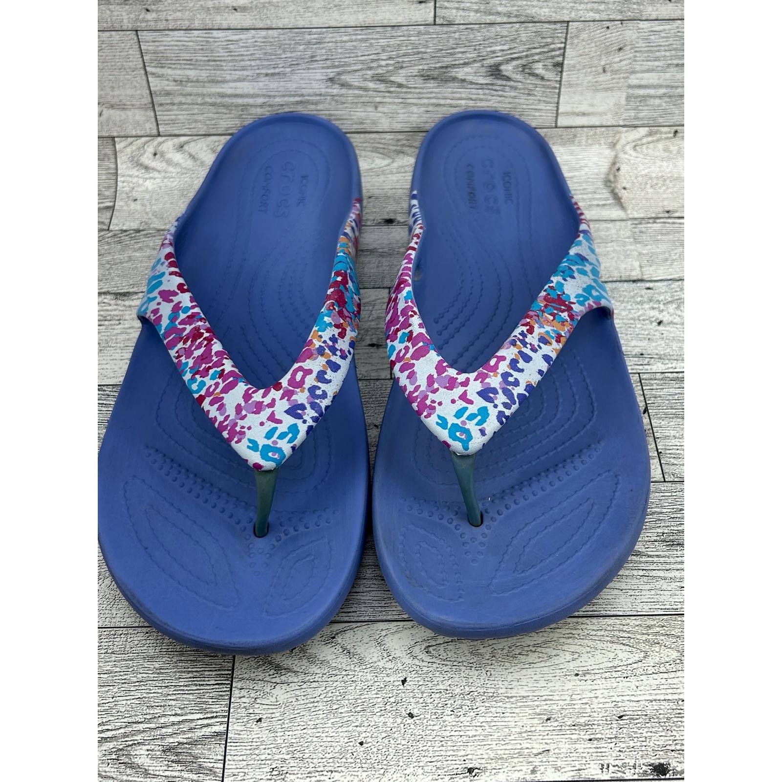 Crocs Kadee II Flip Flops Women Size 10 Blue Multi Color Leopard Print Sandals