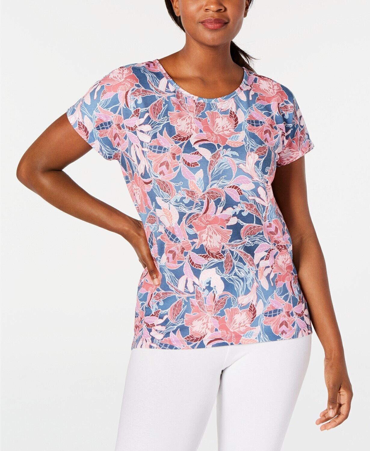 Ideology Top T-Shirt Floral Print Keyhole Back Women Grey Sz S NEW NWOT 461