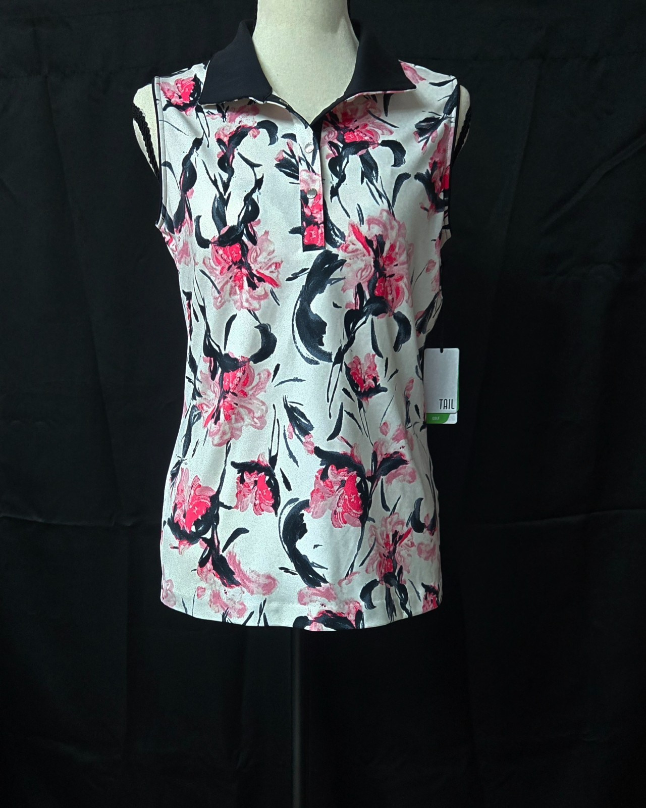 NWT Tail Polo Top Womens Activewear Sleeveless Golf S Pink Black Flowers