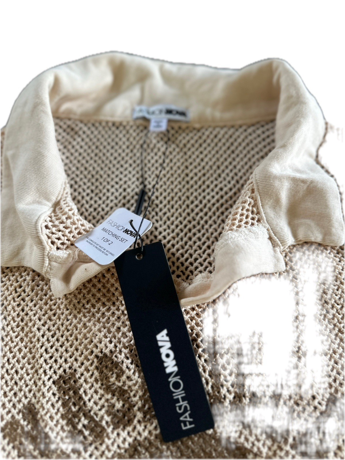 Fashion Nova Beige fish net Mesh Logo crop top Women XL