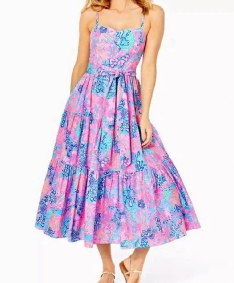 Lilly Pulitzer “Splendor in the Sand” Print Midi Cotton Dress w/Pockets – Size 0