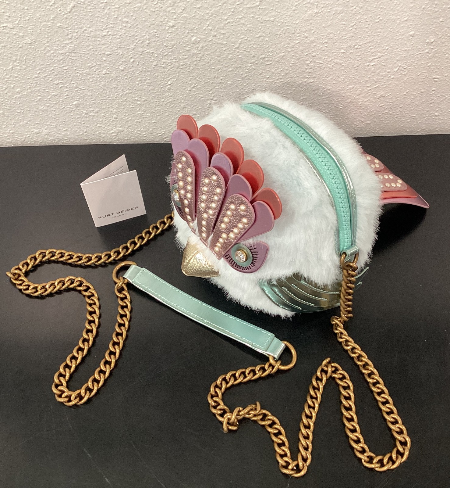 Kurt Geiger Faux Fur Soft Eagle Bag 6″ x 6″ x 4.5″ Crossbody Blue Pink Crystals