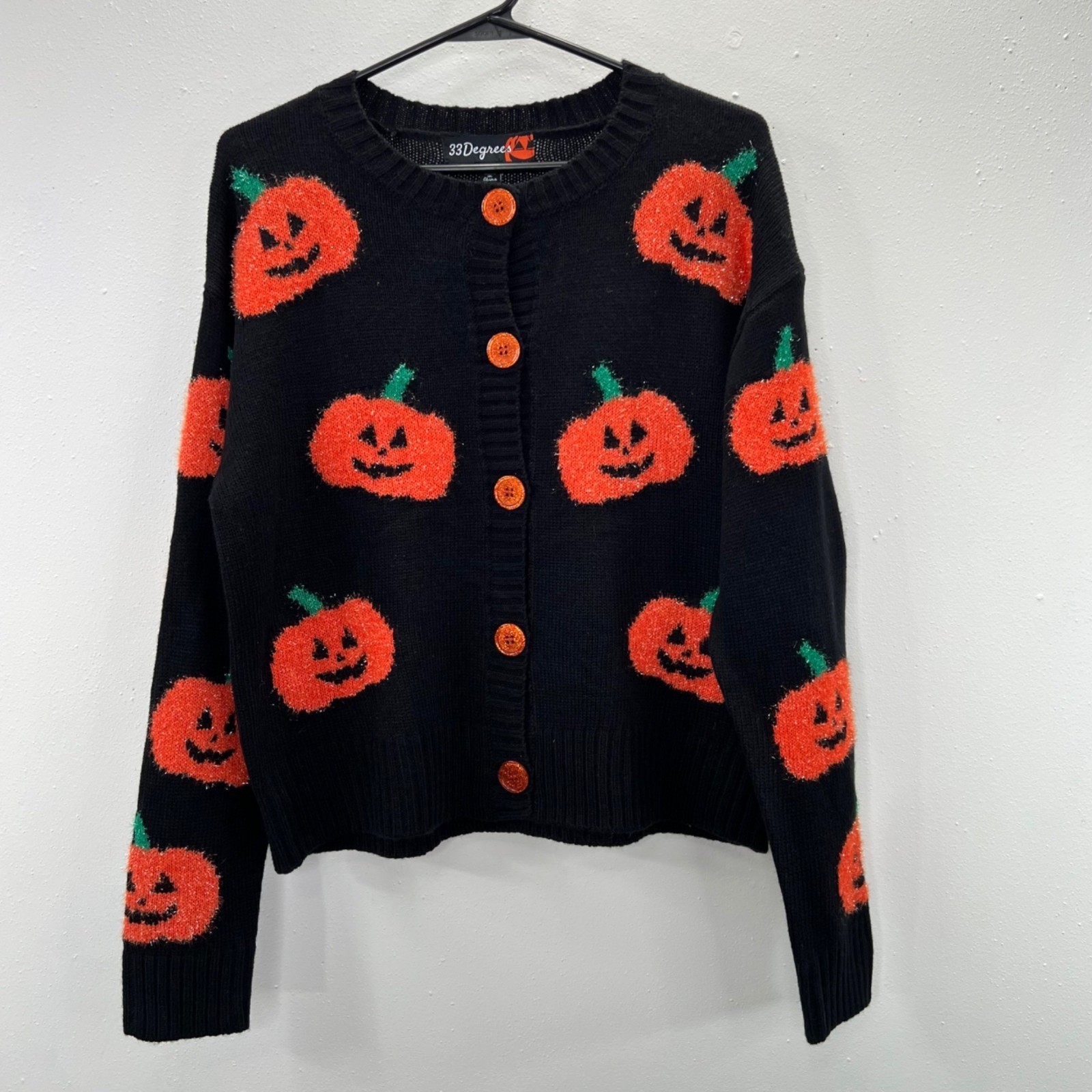 33 Degrees Halloween Pumpkin Cardigan Sweater S Black Orange Jack O Lantern