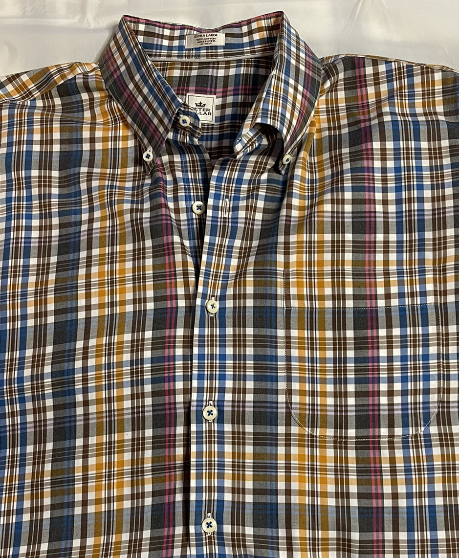 Mens Peter Millar Long Sleeve Plaid Button Down Dress Shirt Sz XL Brown Blue Tan