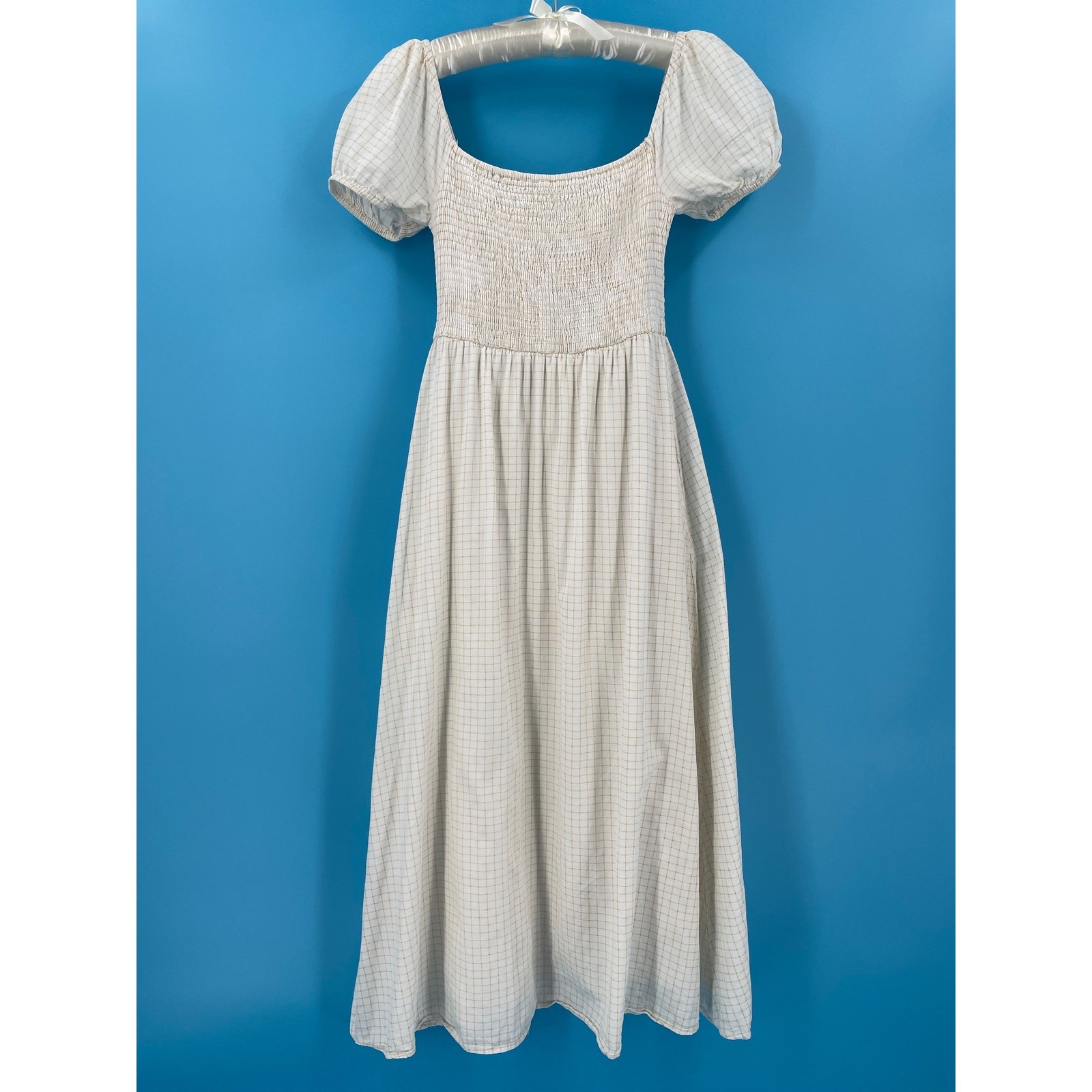 Lulus Smocked Puff Sleeve Midi Dress XS White Windowpane Cotton Cottagecore