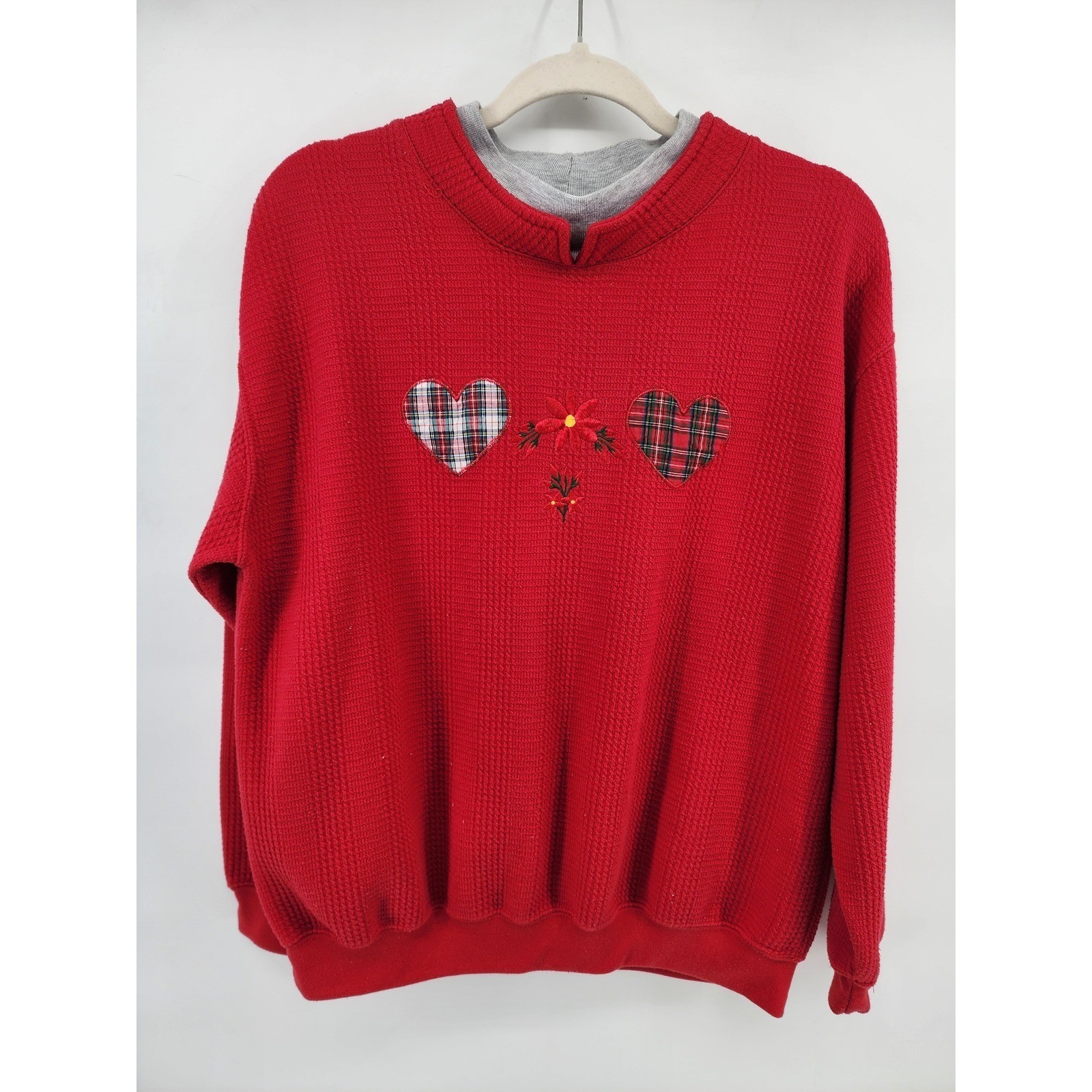 EB Sport Petites Red Waffle Knit Heart Plaid Embroidered Sweatshirt Large P/L