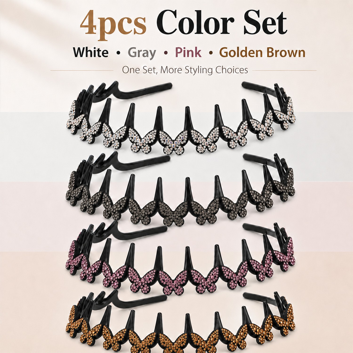 4PCS Glitter Rhinestone Butterfly Flowers Crystal Wavy Teeth Headband for Women