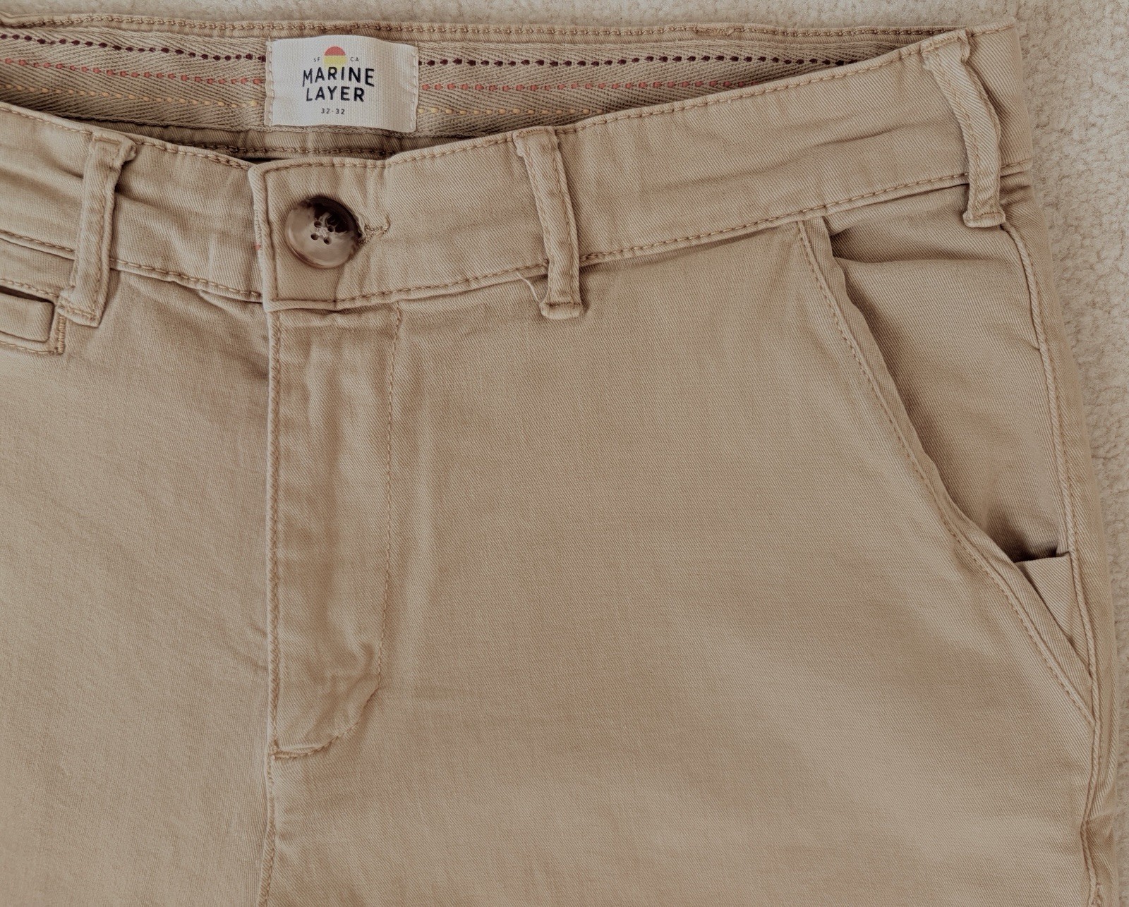 Marine Layer Men’s Beige Chino Pants 32W Slim Straight Stretch Flat Front