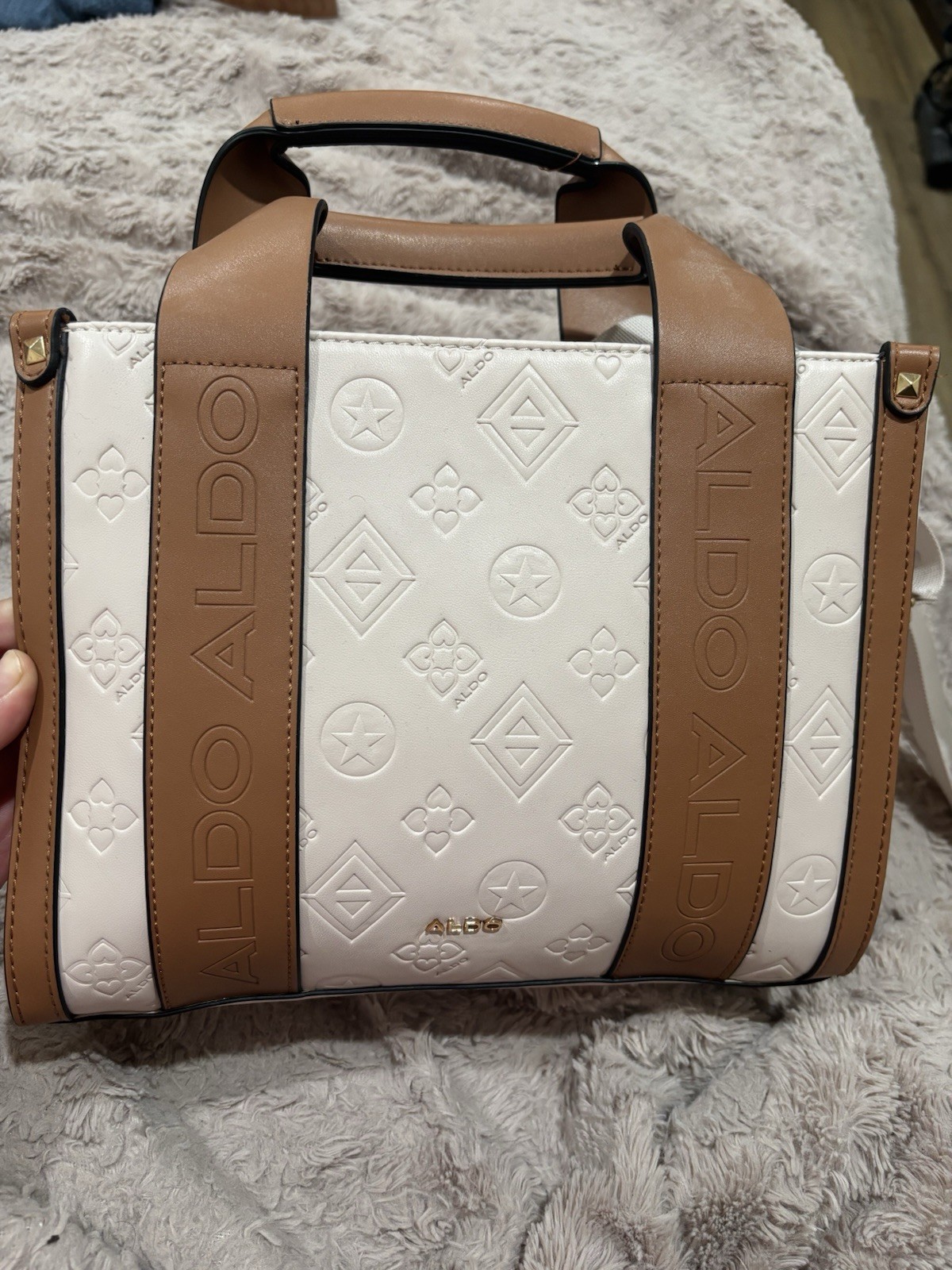 ALDO White/Brown Medium Satchel Top Handle Zip Embossed Logo Gold Detach Strap
