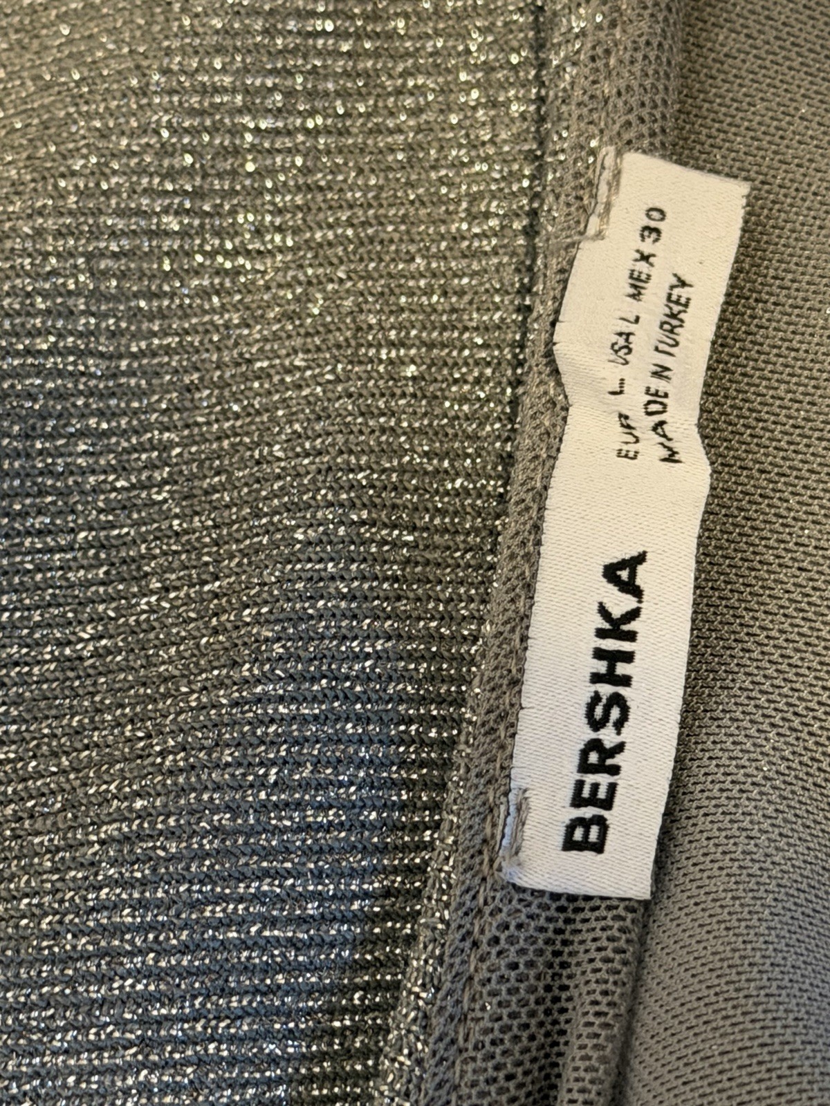 Bershka Silver Glitter Knit Bodycon Dress L Scoop Neck Sleeveless Stretch