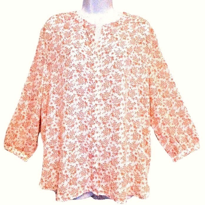 Botanical Print Button Up Blouse Sz XL 3/4 Sleeve Coastal Flowy Romantic