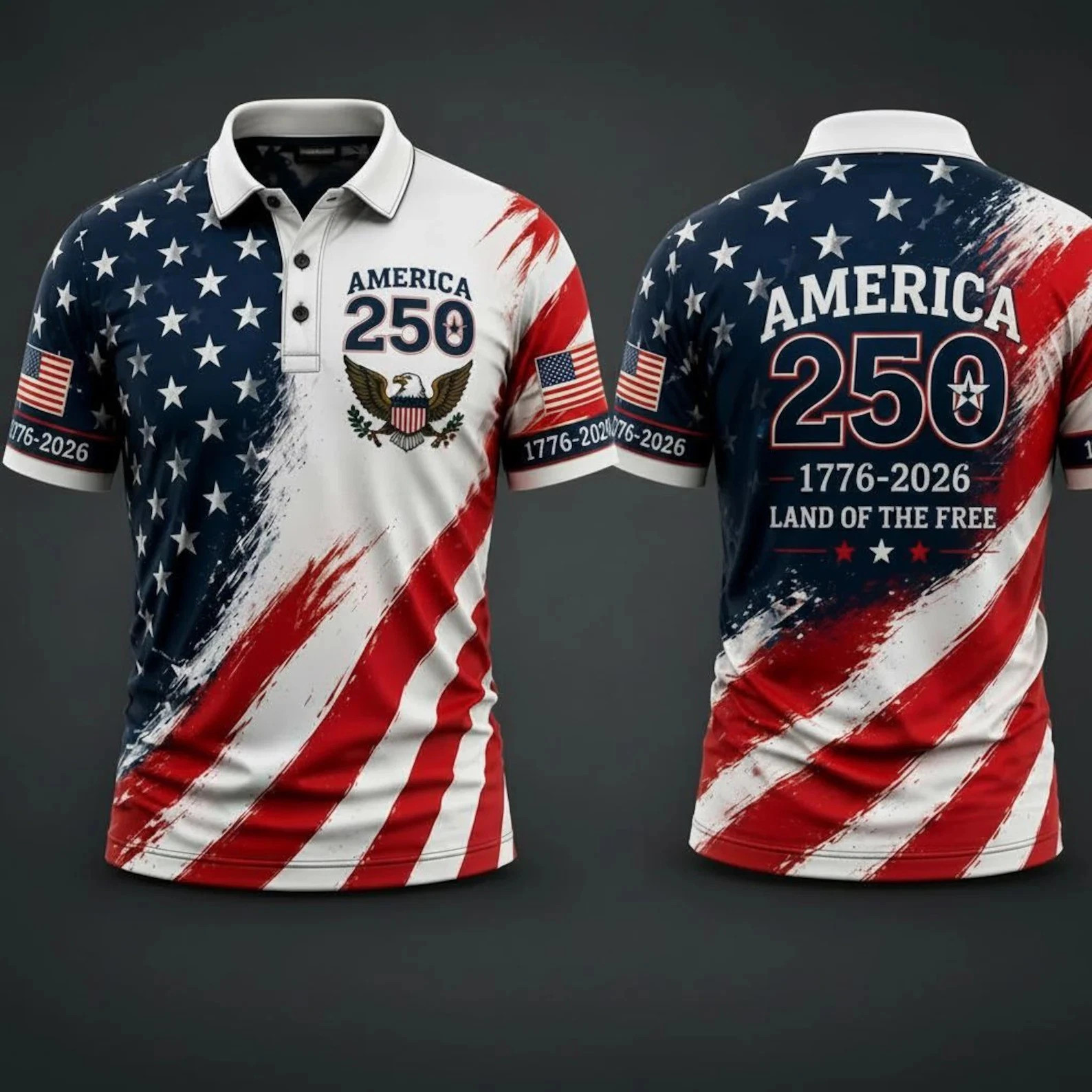 America 250 Polo Shirt, Patriotic Eagle Crest, USA Anniversary Tee, 4th Of July
