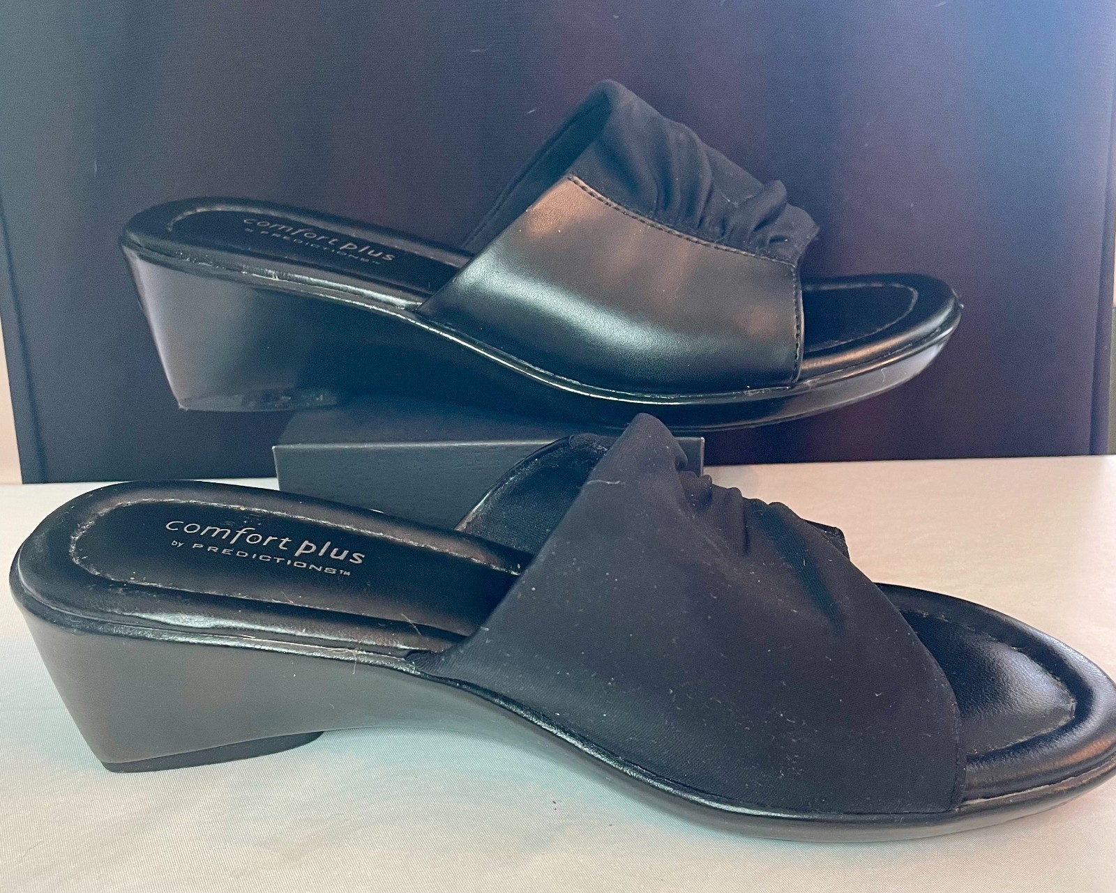 Comfort Plus by Predictions-Black Stretch Fabric/Wedge Heel Slip On-sz.7W