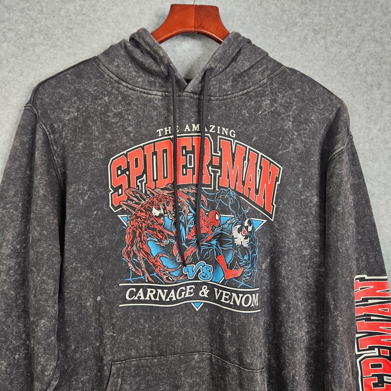 Marvel Spider-Man vs Carnage Venom Acid Wash Hoodie Mens Small Oxford Gray New