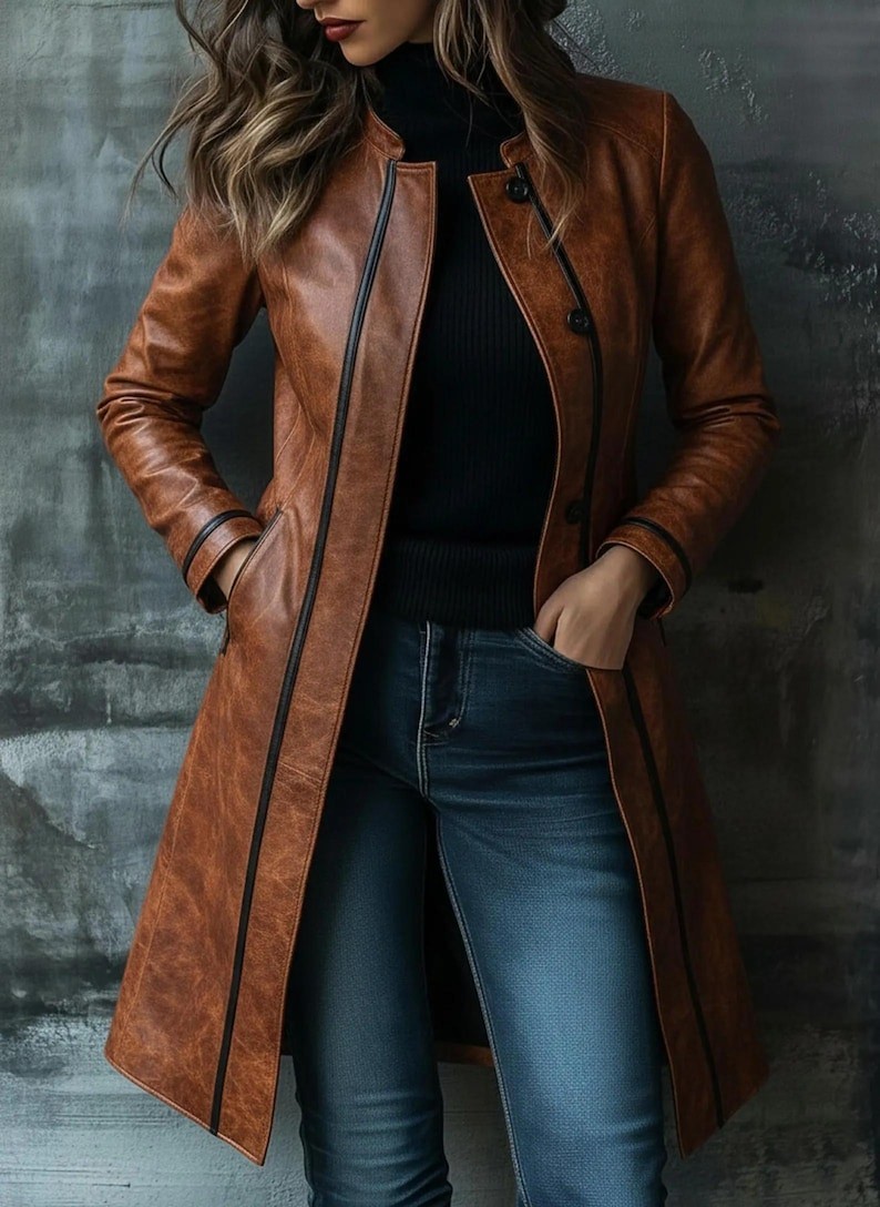 Women’s Distressed Brown Lambskin Leather Trench Coat Black Trim Mid-Length Coat