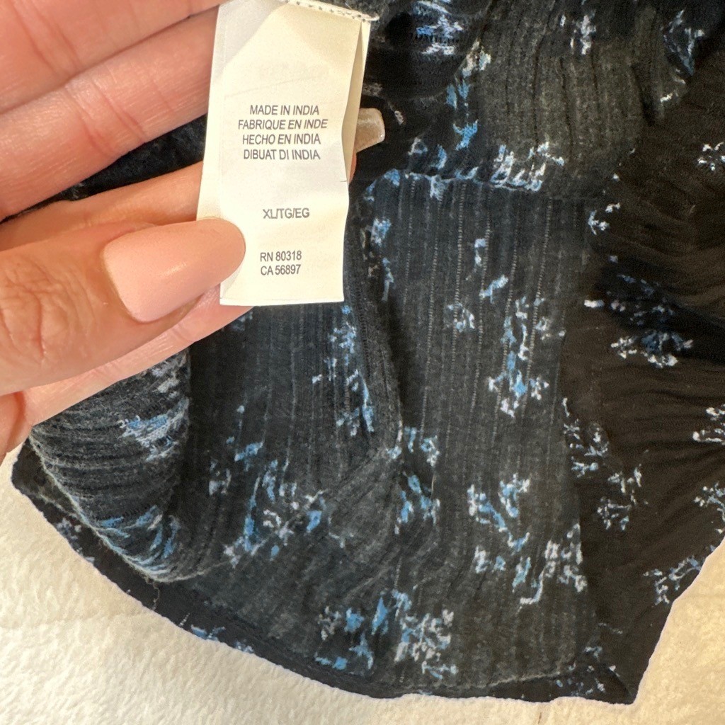 Prairie Boho Lucky Brand Black Blue Floral Crinkle Gauze Lace Up Peasant Top XL