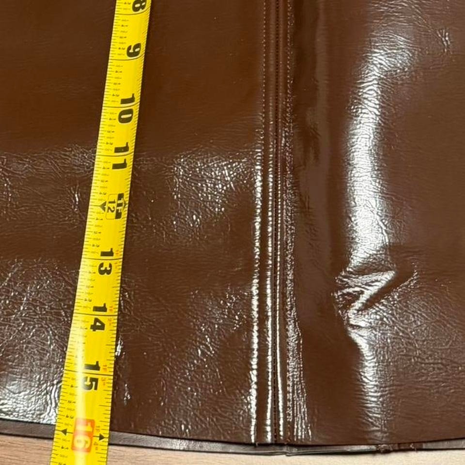 Common Sense Brown Faux Leather Mini Skirt XL A-Line Front Zip Pockets Shiny