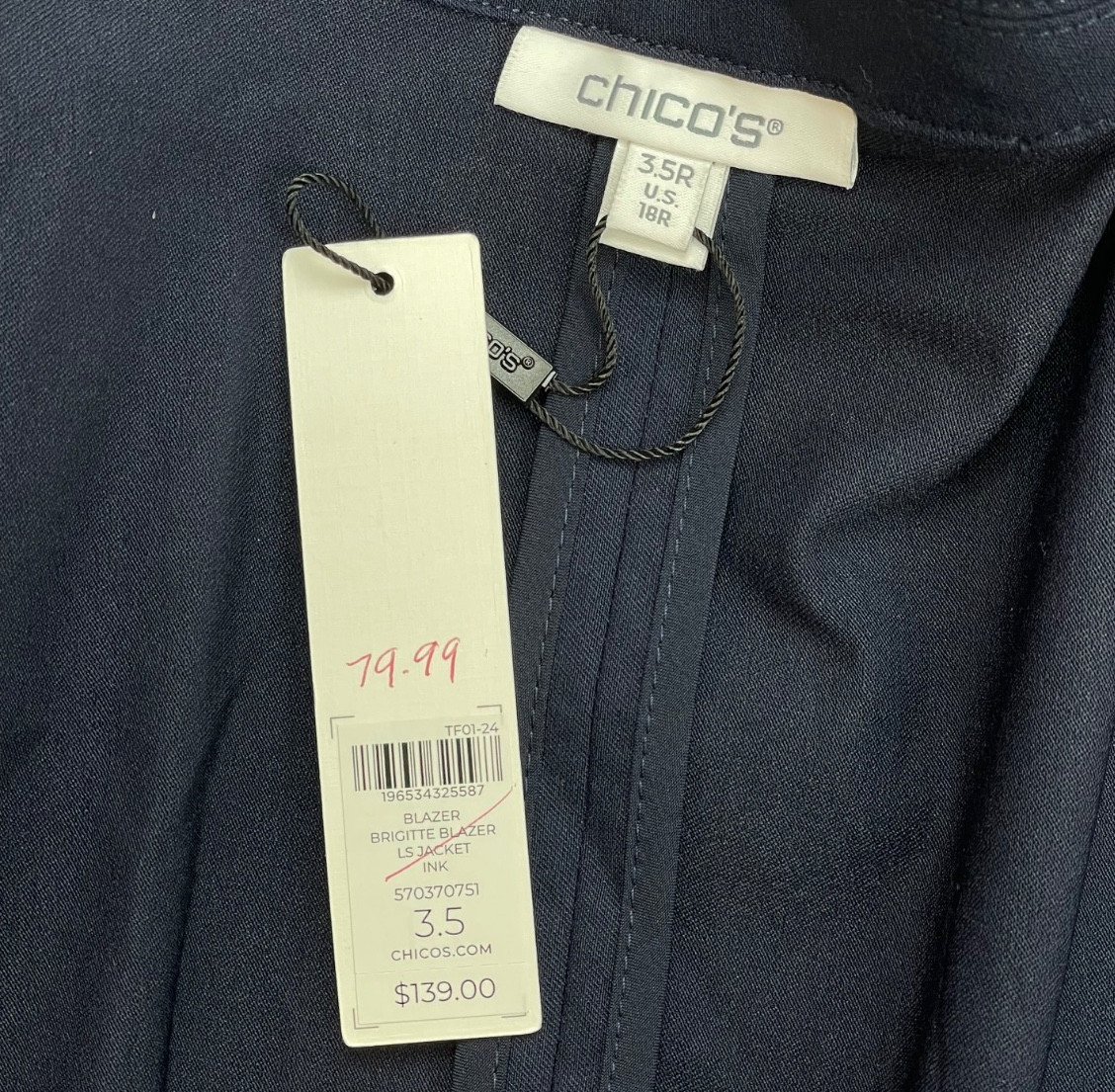 Chicos Blazer Womens 3.5 (XL/18) Navy Blue Stretch One-Button Single Breast NWT