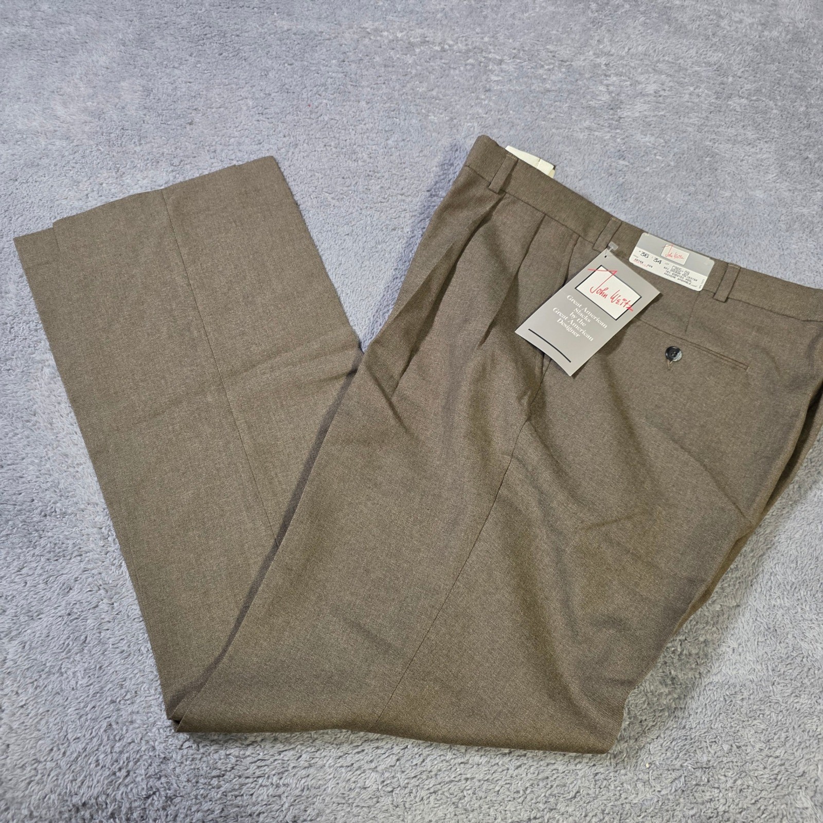 John Weitz Mens 36×34 Dress Slacks Brown Pleated Worsted Wool Blend Vintage USA