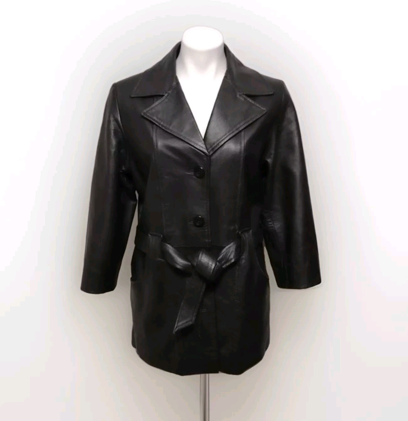 Phase 2 Vtg Gothic Black Leather Belted Button Down Jacket Coat MP Thigh Length